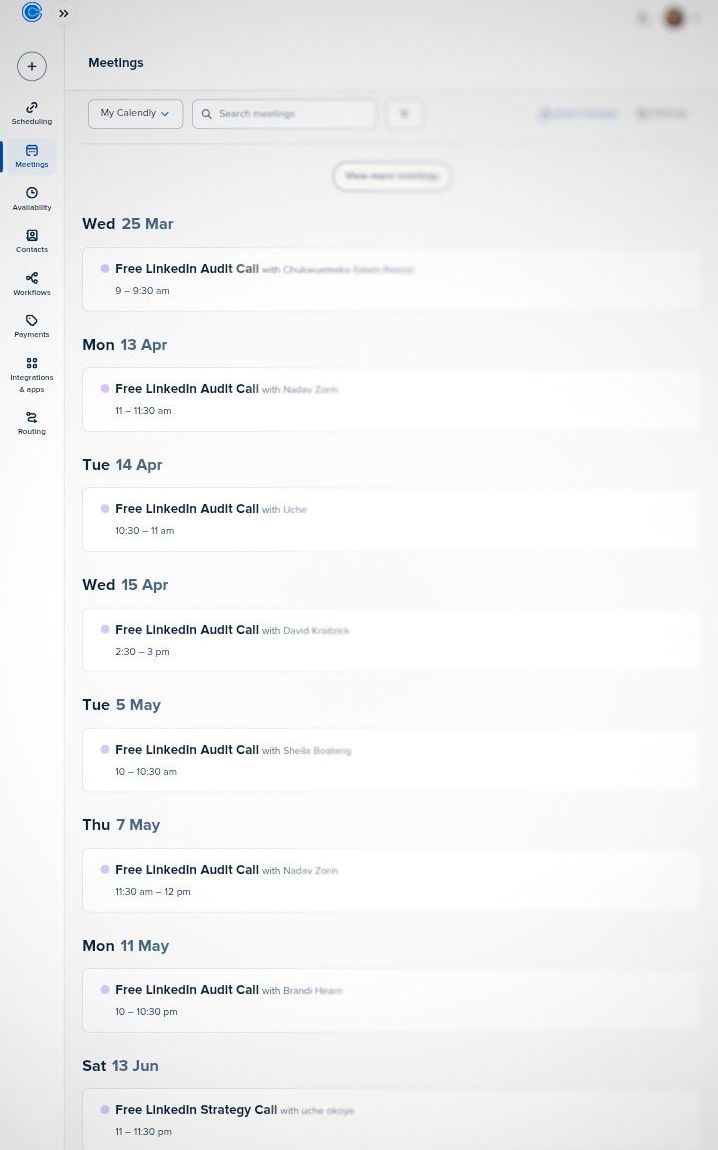 Jennifer Omaliko Calendly showing 8 booked discovery calls with founders in the US, UK and Australia
